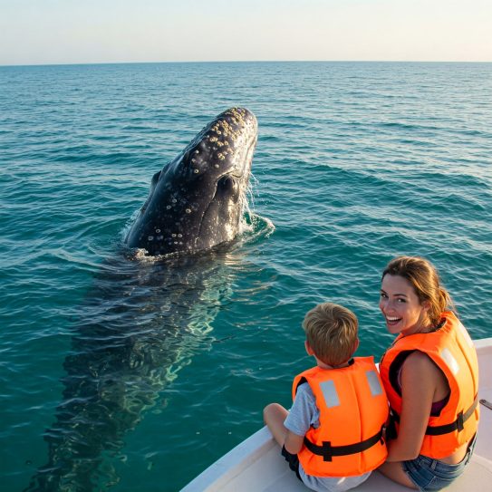 mother and son watching a gray whale up close in Magdalena Bay during an exclusive eco-tour organized by Hotel Villas Mar y Arena.