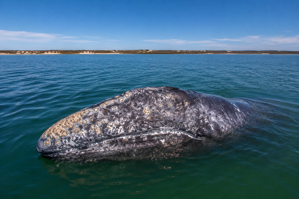 A gray whale with barnacles on its head emerges from the water in Magdalena Bay, Mexico, with mountains in the background.